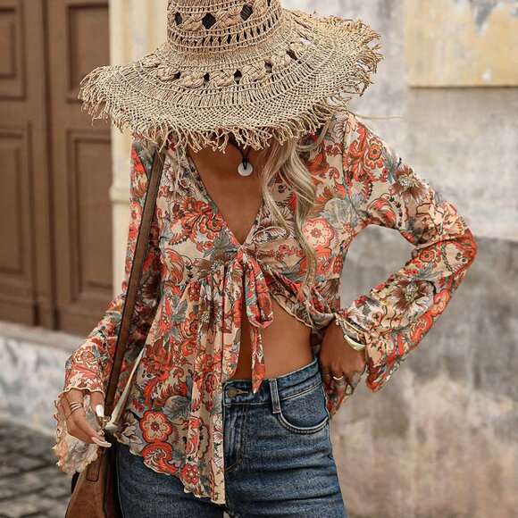 Orange Boho Women's Paisley Print Mesh Long Sleeve Tie Front Asymmetric top - Picture 7 of 8